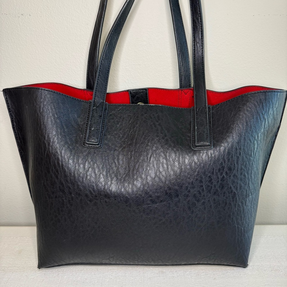 Black Vegan Leather Tote Bag with Red Interior - Picture 3 of 8